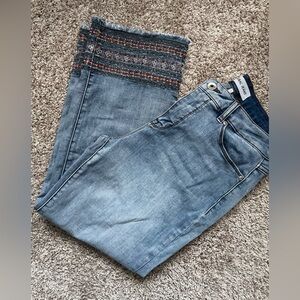 Tribal Audrey Mid Rise Straight Crop Denim with Embroidered Hem; 25” inseam